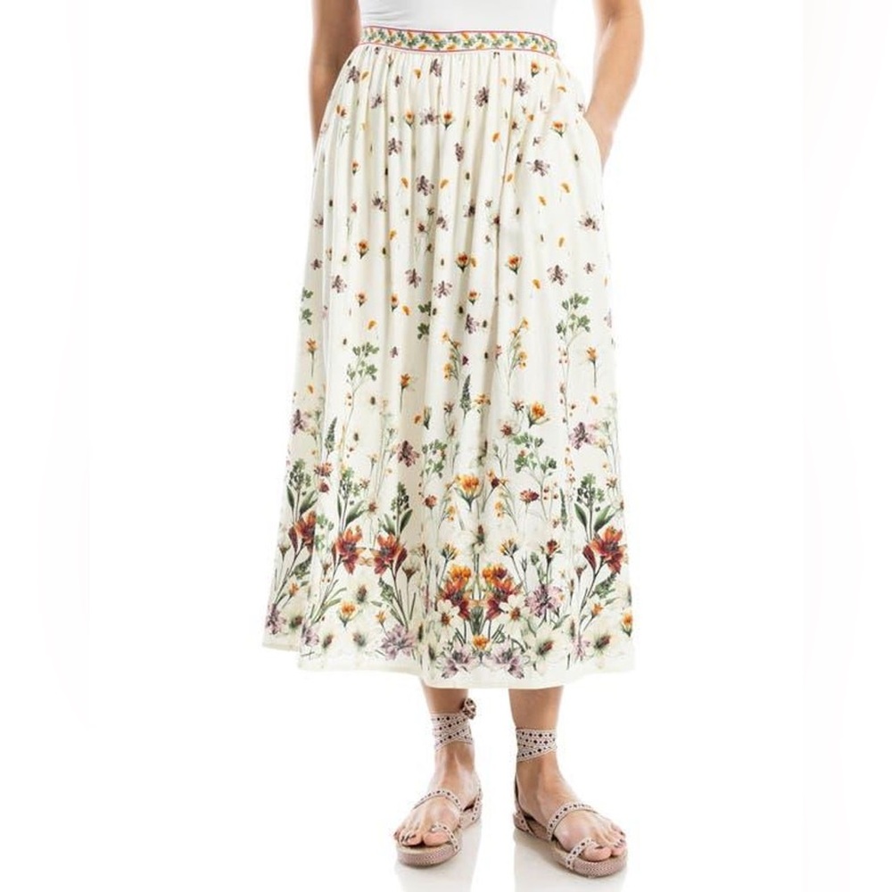 Max Studio Cream Floral Border Midi Skirt size M